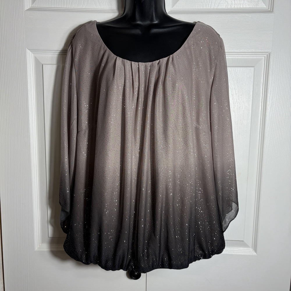 Roz Ali Bubble Hem Shirt Women 2X Taupe Black Ombre Shimmer Festive Flowy Top